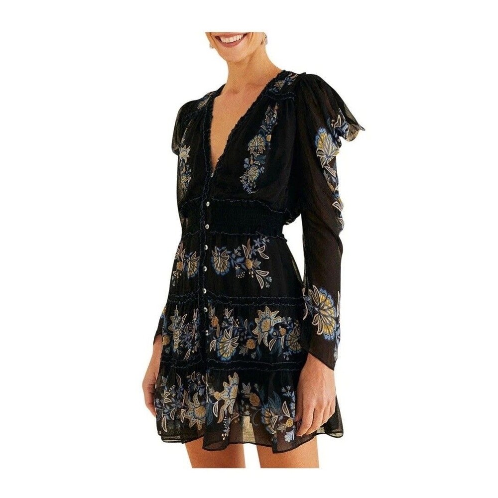 Farm Rio Black Stitched Garden Button Front Long Sleeve Dress Size Small New - Picture 2 of 7